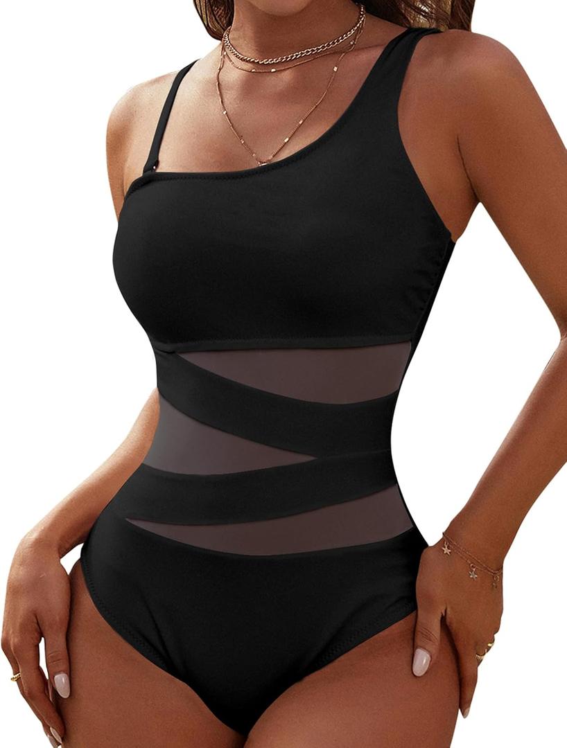 Blooming Jelly Women's Sexy One Piece Bathing Suits One Shoulder Swimsuits Slimming Mesh Swimwear (Large, Black)