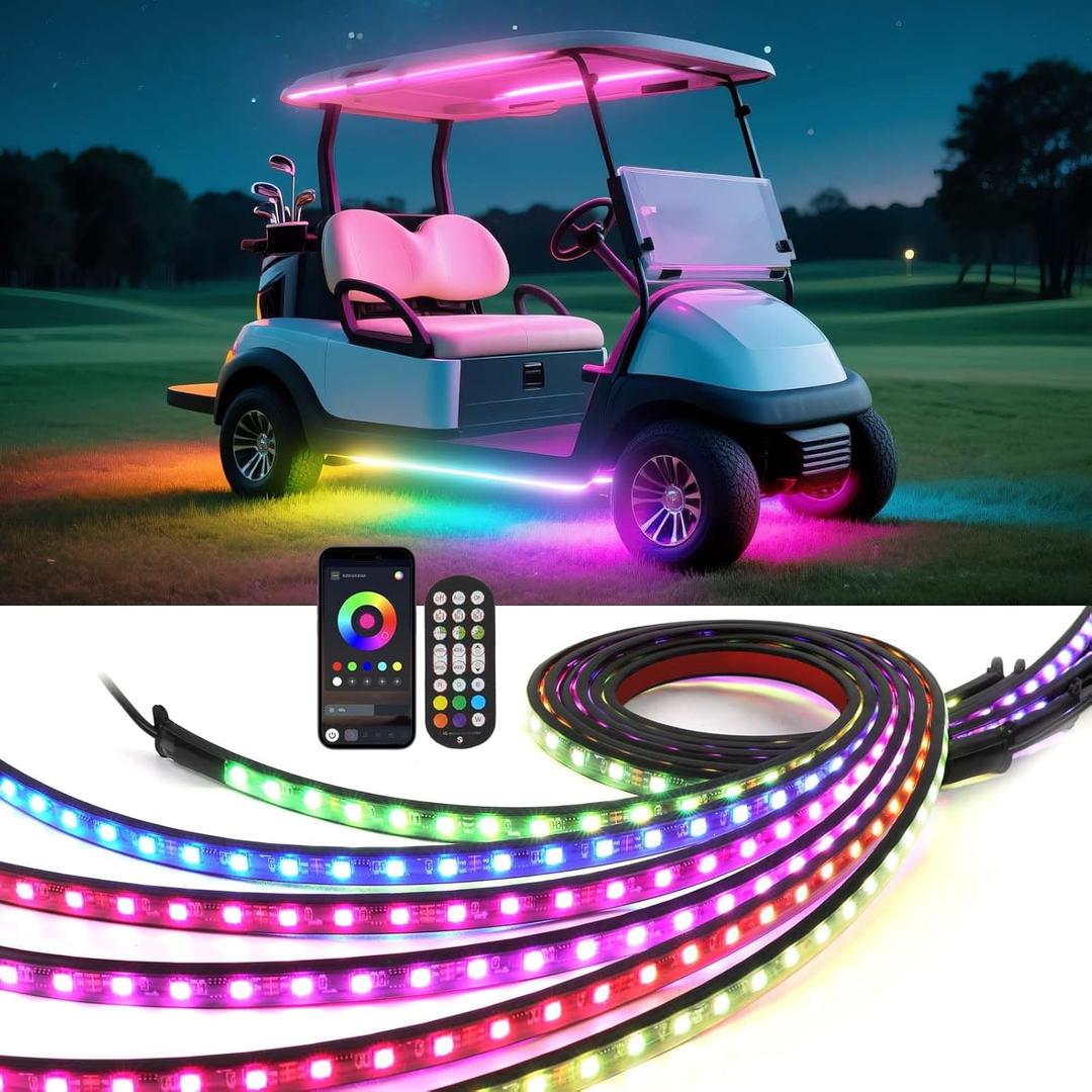 6PCS Golf Cart Underglow LED Light Strip Kit, 12-80V, IP65 Waterproof Neon Accent Lighting Kits, Golf Cart Canopy Lights, Glow Neon Underbody Lighting with APP and Remote Control