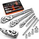 10-Piece Flex-Head Ratchet Set, 1/4", 3/8" & 1/2" Drive Socket Wrenches, 90-Tooth Quick-Release Reversible Low-Profile, Extension Bars (4", 10", 6") & 4 Adapters for Automotive, Bike, and Home Repair
