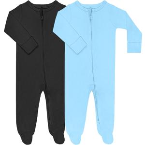 GUISBY Footed Long Sleeve Baby Pajamas with Zipper Cotton Infant Sleepwear (Newborn, Black+dark Blue)