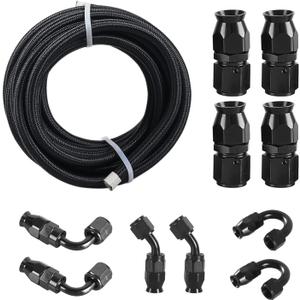 6AN 3/8 PTFE E85 Hose Braided Fuel Line Fitting Kit 10FT Transmission Oil Cooler Line Nylon Stainless Steel Black (AN6)
