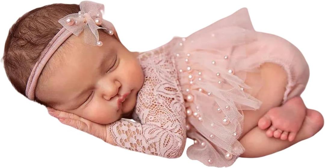 Newborn Lace Romper, 2 PCS Baby Girl Photography Props, Newborn Girl Photography Outfits with Flower Headband for Infants (Pink Long Sleeve)