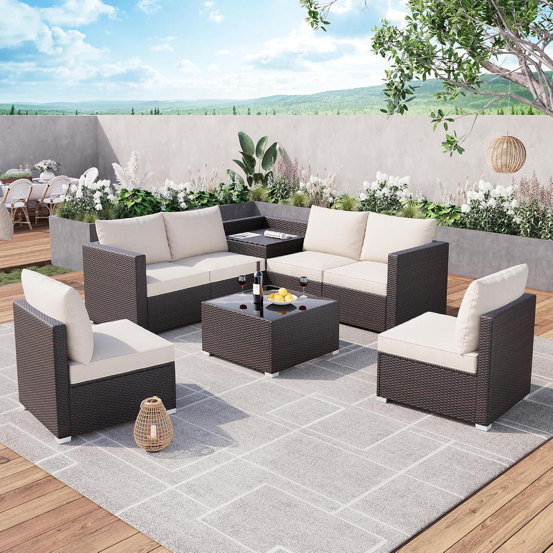 IDEALHOUSE 8 Pieces Outdoor Wicker Rattan Patio Furniture Sectional Set, Conversation Sets with Glass Table and Hidden Storage, Brown Rattan with Beige Cushion