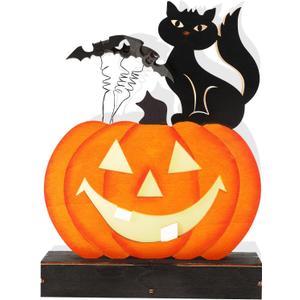 Halloween Pumpkin Lights, Battery Operated Wooden Tabletop Decor, Light Up Indoor Outdoor Party Decoration for Desk, Table, Fireplace