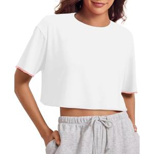 Fisoew Womens Oversized Crop Tops Casual Short Sleeve Crewneck Loose Basic Tee Summer Workout Running T Shirts (Large)