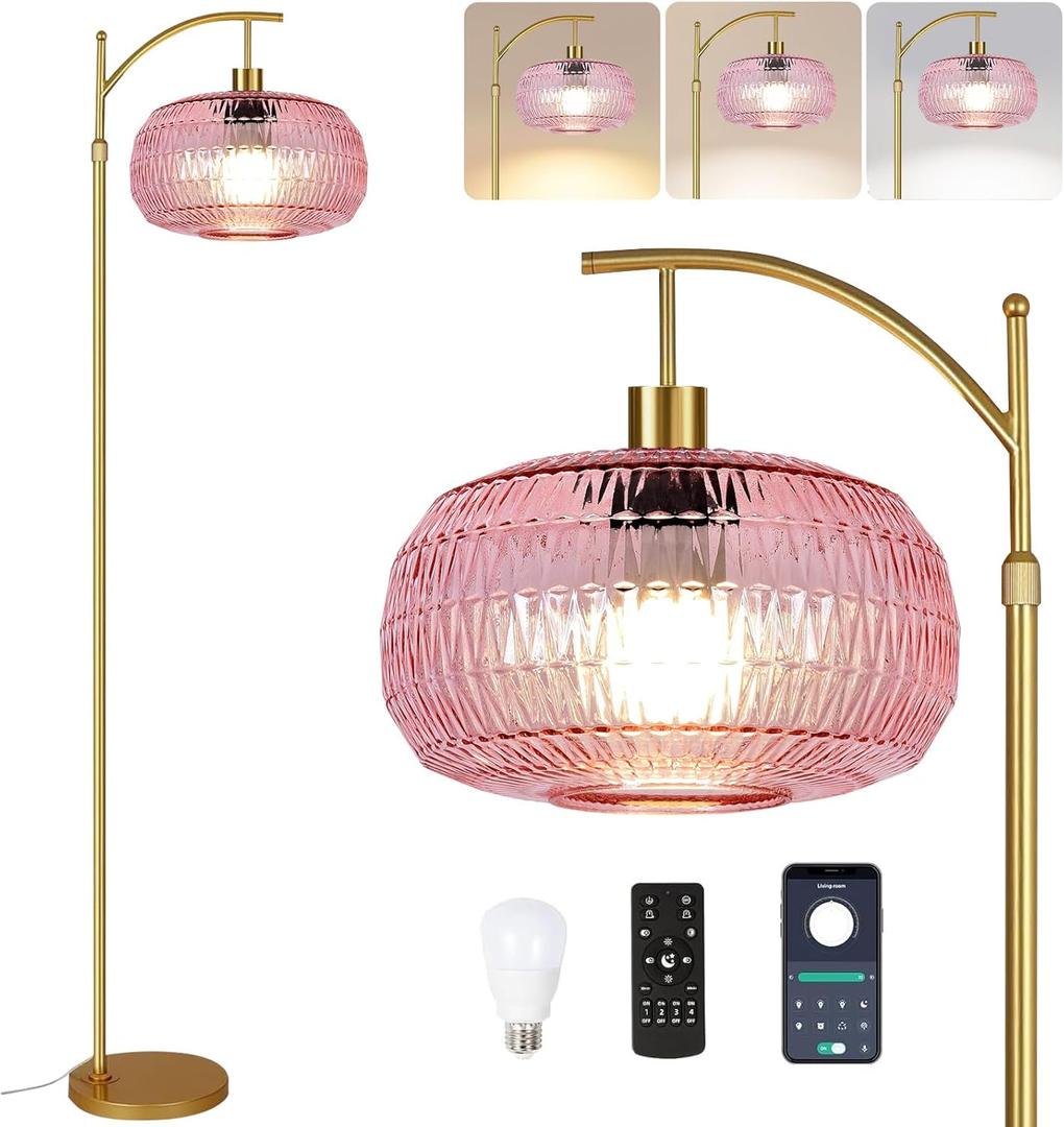 Pink Floor Lamp for Living Room,Bedroom,Gold Dimmable Standing Lamp with Remote,Mid Century Modern Brass Tall Lamp Boho Floor Lamps Arc Stained Glass Flower Floor Light Lamp Girls kids Bohemian