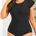 Holipick Plus Size One Piece Swimsuit for Women Tummy Control Cap Sleeves Bathing Suits Zipper Front Rash Guard Swimwear (Black, 22W)