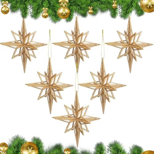 Soulchen 6 Pcs Gold Christmas Bethlehem Star Ornaments - 7.5'' Glitter Moravian Star for Christmas Tree Vintage Ornament for Xmas Tree Garland Holiday Party Decorations