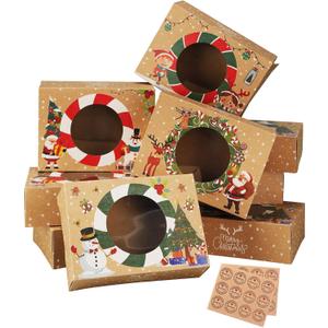 12pcs Christmas Cookie Boxes - 8.25inx5.75inx2.75in - Kraft Paper Bakery Treat Boxes for Holiday Gifts & Parties (brwon)