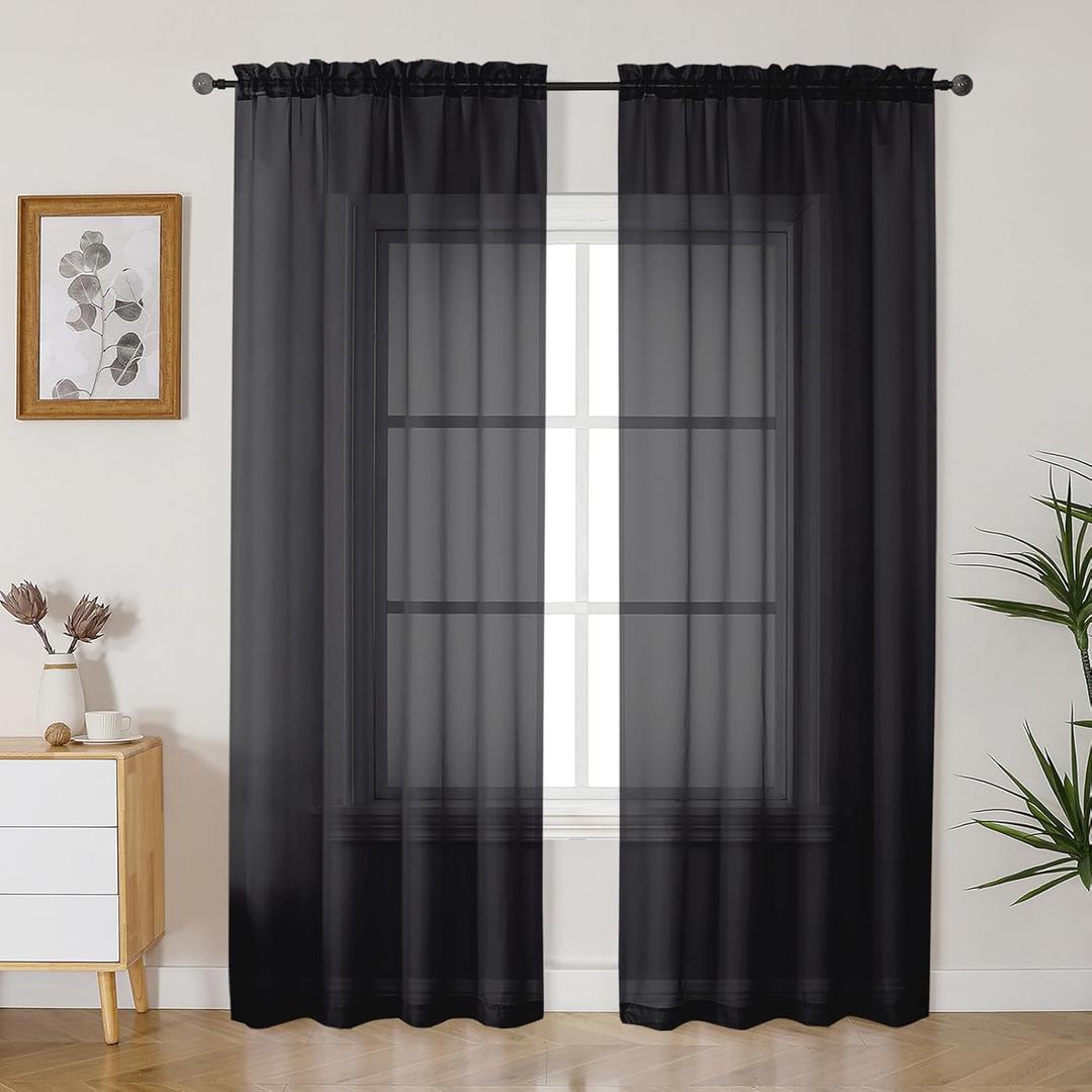 Gwine Black Sheer Curtains 84 Inches Long 2 Panels Set for Living Room, Rod Pocket Voile Lightweight Bedroom Curtains, Light Filtering Solid Window Sheer Panels, Each 42" Wx84 L
