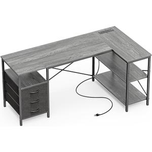 Huuger L Shaped Office Desk with Power Outlets, 55 Inch Computer Desk with 3 Drawers, Shelves, Reverisble for Gaming Corner Work Home Office Study, Grey