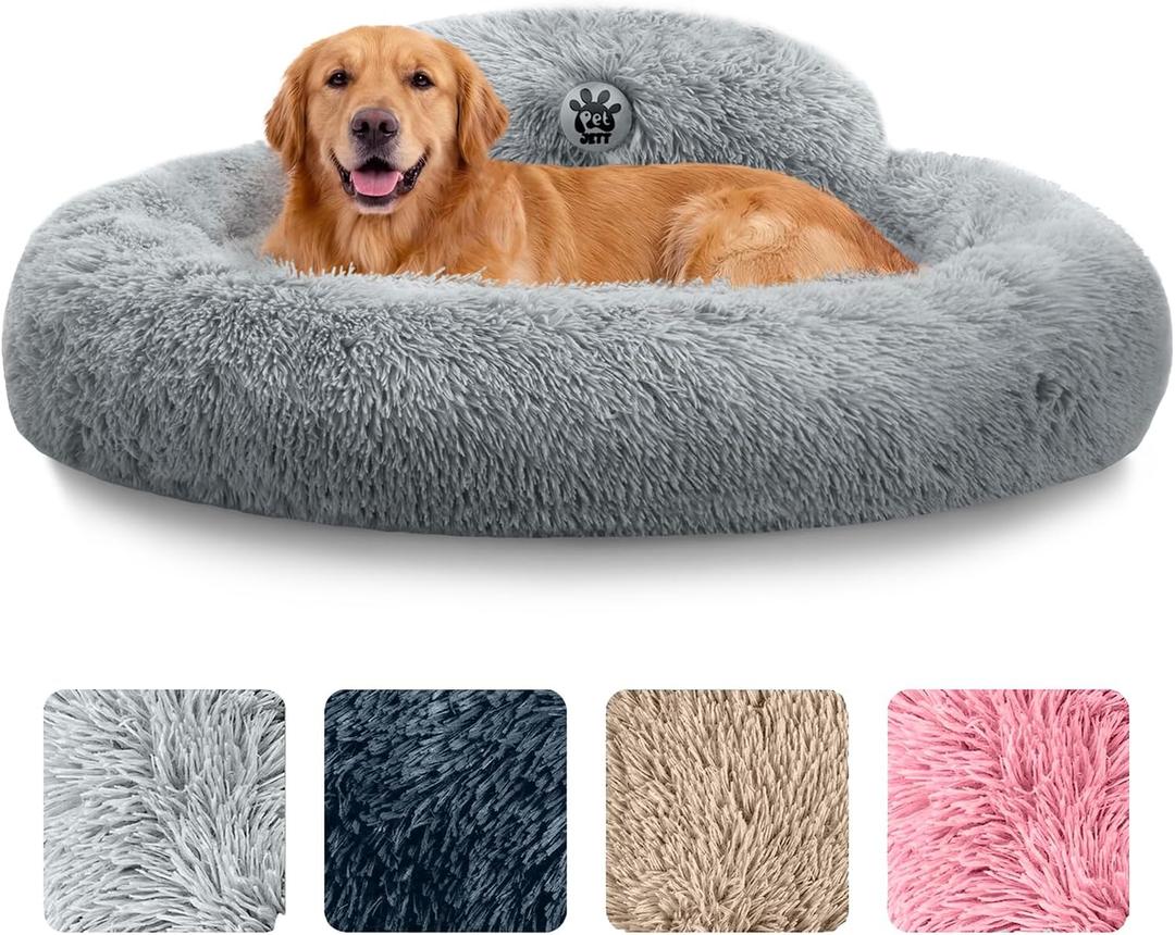 PetJett Calming Dog Beds Large Sized Dog - 36'' Round Bed, Anti-Slip & Washable Super Soft Donut Bed, Fluffy Faux Fur Anti-Anxiety Premium Comfort Pet Bed, Fits Dogs up to 80 lbs - Bright Grey
