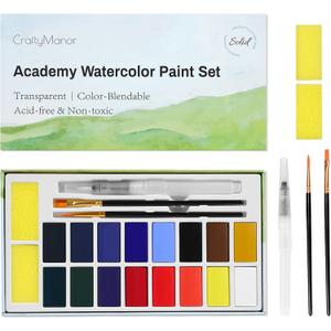 16 Colors Large Block Watercolor Paint Set for Watercolors Workbook, Portable Water Colors Paint Kit with 2 Paintbrushes 1 Waterbrush, for Adult Painting Beginners & Professional Amateur Hobbyists