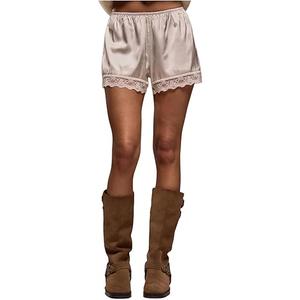 Women's Lace Trim Satin Shorts Shiny Elastic Waist Mini Shorts French Knickers (White, Small)