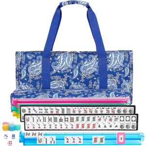 American Mahjong Set, 166 White Tiles with 4 Colors Acrylic Racks, Pushers, Flower Carrying Bag, Portable Travel Set