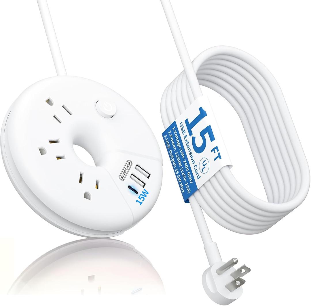 i-Donut Extension Cord 15FT, NTONPOWER Long Extension Cord with 3 USB Ports(1 USB C), 3 Outlets, Flat Plug Extension Cord with Switch, Travel Power Strip for Home, Office, Dresser, Dorm Room, White