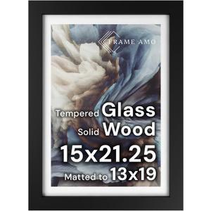 Frame Amo 15x21.25 Black Solid Wood Puzzle Frame, White Mat for 13x19 Image, Tempered Glass Front, 1.5 inch Wide, 1 inch Thick, High-End, Heavy-Duty, Gallery Grade & Acid-Free