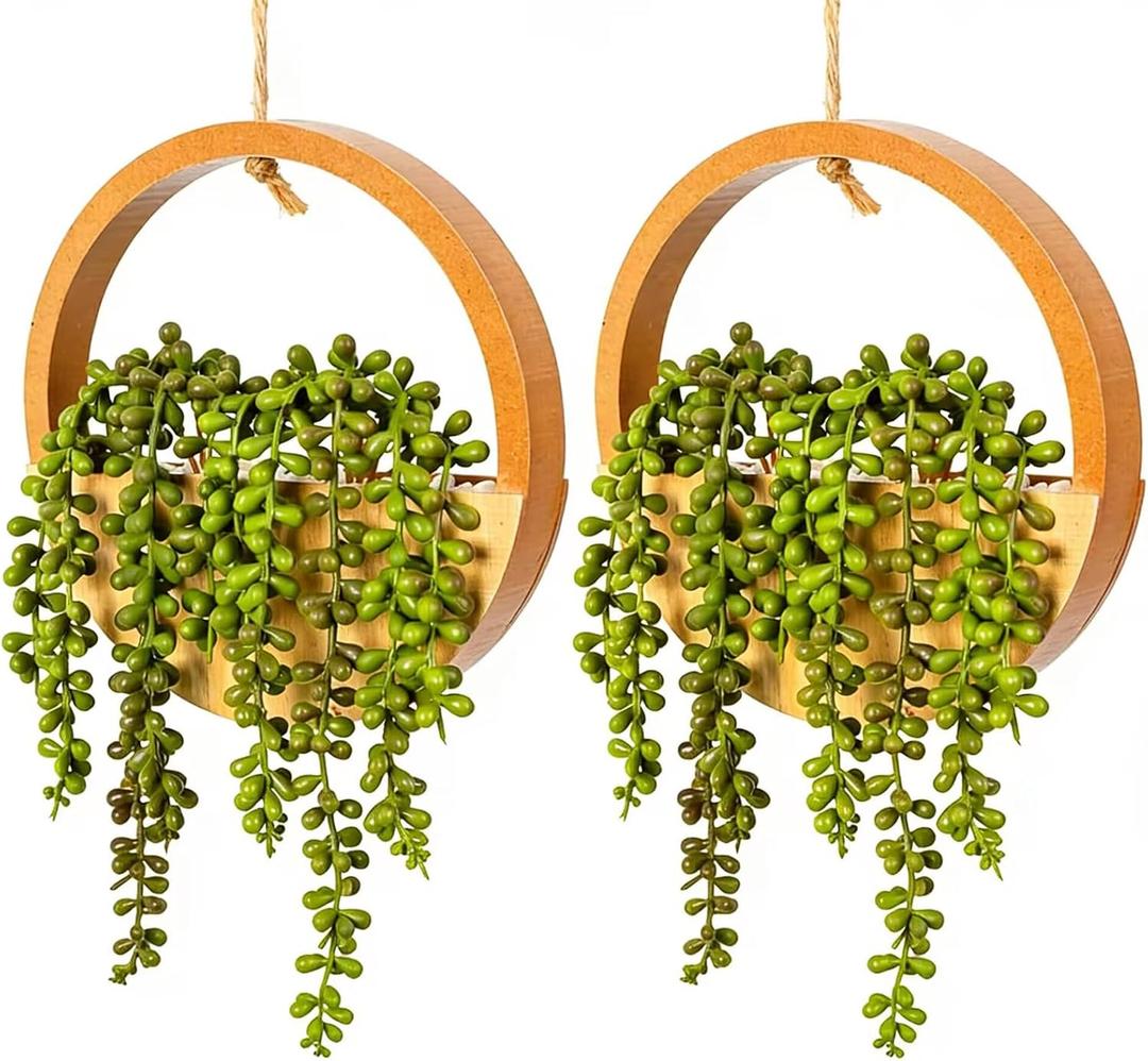 Artificial Hanging Plants Hanging Planter Fake Succulents Artificial String of Pearls with Pot and Lanyard for Home Office Wall Decoration (2 Pcs, Wood Color)