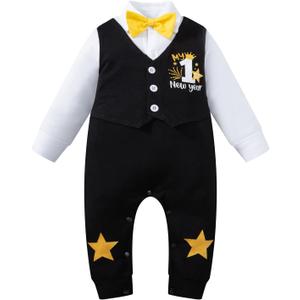 PROMOTED TO BIG SISTER Baby Boy My 1st New Year 2026 Outfit Gentleman Romper Long Sleeve Jumpsuit with Bow Tie (3-6 Months, Black)