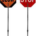 Kanayu 1 Pcs 18x18 Inch Double Sided Stop/Slow Paddle Signs Reflective Stop Slow Sign Flagger with Telescopic Pole Handheld Guard Paddle for Road Traffic Construction