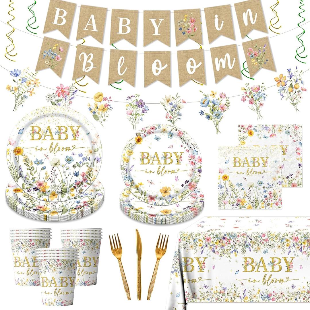178Pcs Baby in Bloom Baby Shower Decorations-Wildflower Paper Plates and Napkins Kit Girls Floral Baby Shower Dinnerware Serves 24
