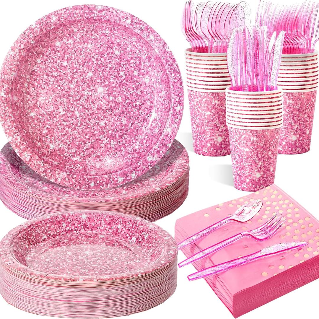 Hushee 175 Pcs Pink Holographic Print Party Disposable Dinnerware Set Include 50 Pcs Paper Plates, 25 Napkins, 25 Cups, 25 Plastic Forks, 25 Knives, and 25 Spoons for Guest Holiday Wedding Birthday