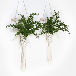 Macrame Wall Hanging Plants with LED Lights, White Cotton Rope, Wooden Dowel, Boho Woven Plant Holders with Artificial Eucalyptus Leaves, wall Decor, Set of 2 (Green)