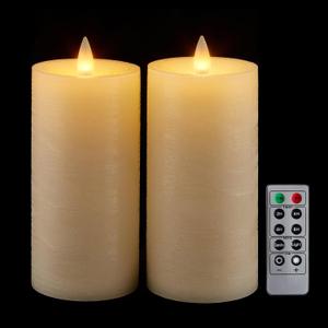 Flameless Pillar Candles Flickering with Remote Timer, Battery Operated LED Candles Up to 400 Hours, 3D Moving Flame Real Wax Candles. (Ivory Water Ripples-2 Pack)