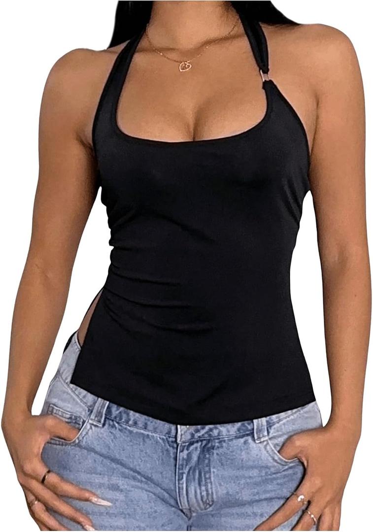 Milumia Women's Scoop Neck Low Cut Ruched Backless Halter Top Y2K Side Slit Fitted Sleeveless Tank Tops (Black, S)