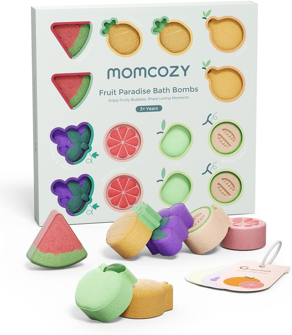 Momcozy 14-Pack Fruit Bath Bombs with Essential Oil, Ideal Christmas Gift for Happy Educational & Fun Bath Time, Bath Bombs Kit with 7 Cute Fruit Shapes, Ideal Gifts for Kids Girls Boys Toddlers
