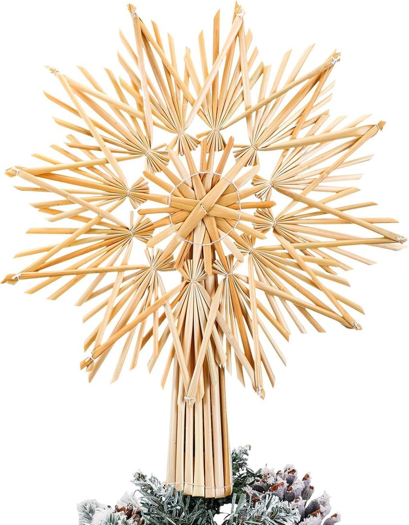 Christmas Straw Tree Topper Straw Star Ornaments 10'x 12' Scandinavian Snowflake Tree Topper Swedish Nordic Lightweight Deocr for Xmas Home Indoor Farm Decoration(Stylish)