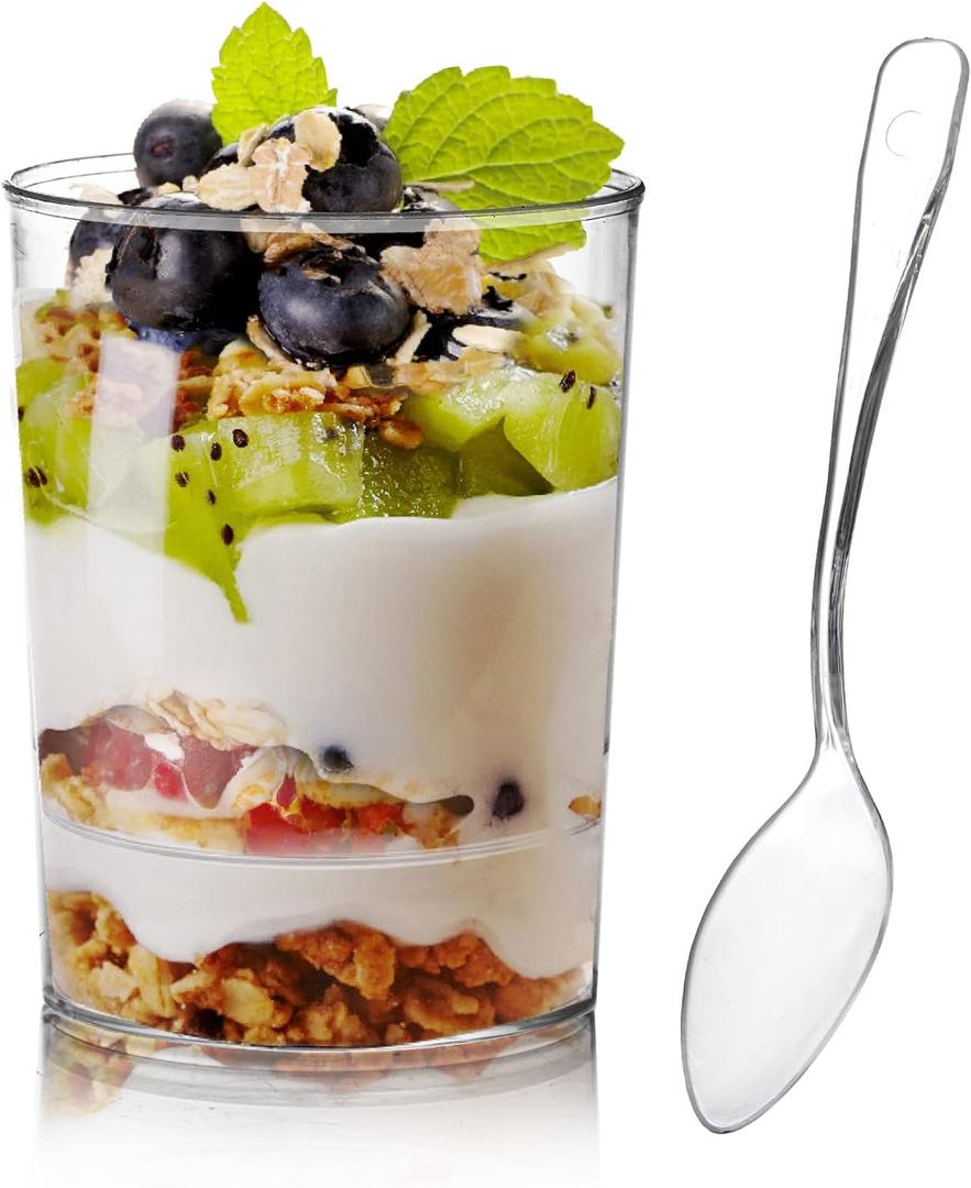 Okllen 100 Pack Mini Dessert Cups with Spoons, 3 Oz Round Shot Cups Plastic Dessert Shooters, Appetizer Parfait Cups Shot Glasses for Chocolate Desserts, Ice Cream, Puddings, Tasting Party