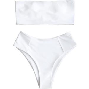 ZAFUL Women's High Cut Bandeau Bikini Set Strapless Solid Color 2 Pieces Bathing Suit Swimsuit (0-White, L)
