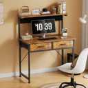 MUTUN Small Desk with Drawers, 31 Inch Computer Desk with Power Outlet & LED Light, Gaming Desk with Adjustable Monitor Stand & Pegboard, Modern PC Study Writing Table for Bedroom, Rustic Brown