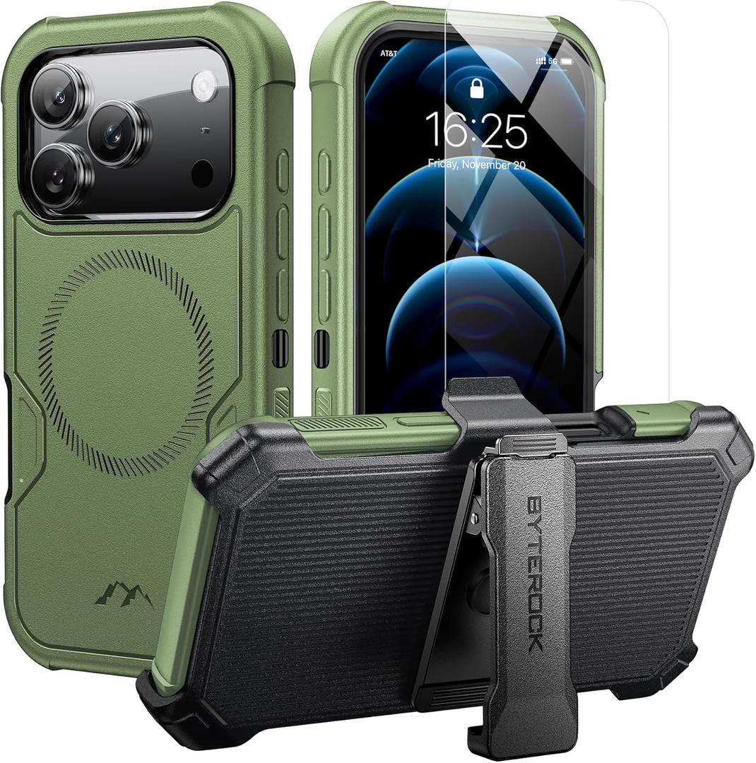 For iPhone 17 Pro Case 6.3" with Belt Clip Holster,Anti-Drop,Shockproof,Heavy Duty Protection,Compatible with MagSafe,w/Screen Protector,with 360 Rotating Kickstand,Green