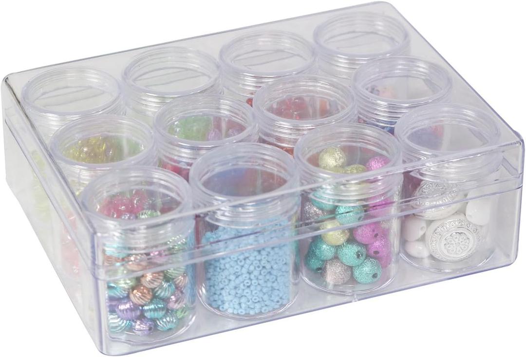 Everything Mary 12-Jar Bead Organizer  Clear Storage Box for Diamond Painting, Jewelry, Craft Beads & Small Supplies  Includes Screw-Top Jars for Diamond Art, DIY & Travel Use