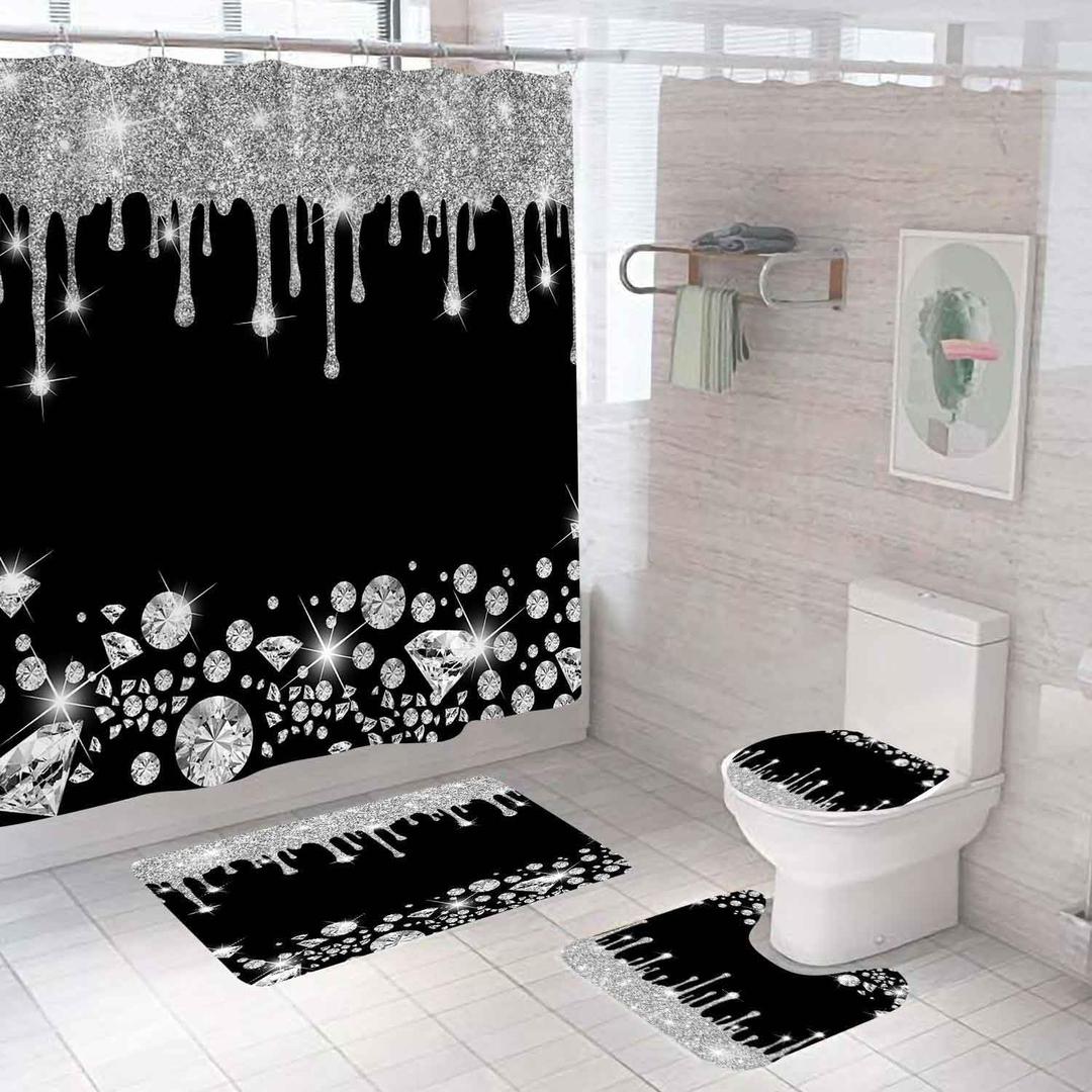 OLEBETY 4PCS Shiny Diamond Shower Curtain Sets with Rugs, Waterproof Fabric Black Shower Curtain, Glitter Bling Silver Drips Luxury Sparkle Jewelry Glam Women Girls Modern Bathroom Decor, Women Gifts