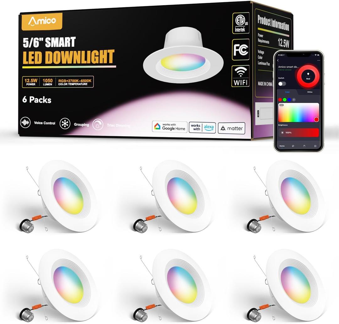 Amico 6 Pack 5/6 Inch WiFi LED Recessed Can Smart Matter Lights, RGBCW Color Changing Retrofit Recessed Lighting, Voice & APP Control, 12W=110W 1100LM, Alexa & Google Compatible, ACK, IC & ETL