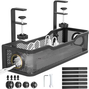 Under Desk Cable Management Tray Black, Cinati Wire Organizers No Drill, Cable Tray with Clamp for Wire Management, Cord Organization Box for Office, Home - No Damage to Desk