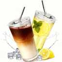 2 Packs Ribbed Glass Tumbler with Lid and Straw 16 oz Cute Ice Coffee Cup Set for Smoothie Juice Matcha Tea Latte Cappuccino Espresso Hot Coffee Water Reusable Clear Travel Mug Aesthetic Drinking Mug (Big striped - 2Pcs)