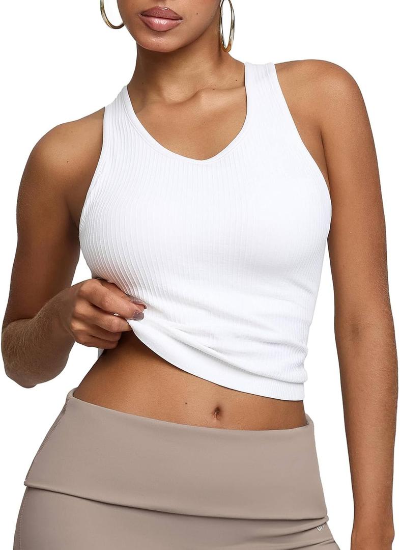 BRXL Women's Ribbed Racerback Tank Tops with Built-in Bra U Neck Sleeveless Fitted Casual Athletic Workout Gym Top, Small