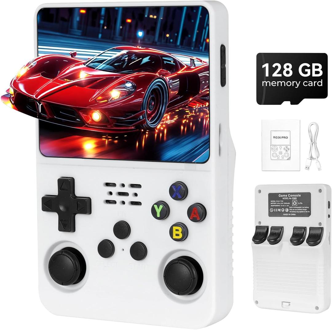 R36s Pro Retro Handheld Game Console, 3.5in IPS , 128GB Preloaded with 40000+Classic Games, Portable Game Console,30 +Game Emulator, Linux System,3500mah Rechargeable Battery (128G White)