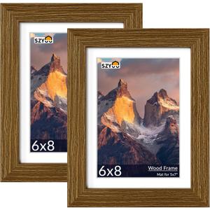 6x8 Picture Frame Set of 2 - Wood Frame with Real Glass, Display 5x7 with Mat or 6x8 without Mat, Photo Frame for Wall or Tabletop Display (Rustic Brown)
