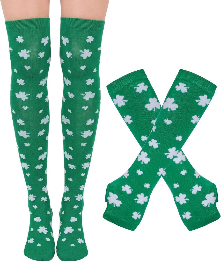 3 x St. Patrick Day Socks and Gloves Set for Women Shamrock Socks Knee High Sock Holiday Socks Party Costume Accessories (Green)