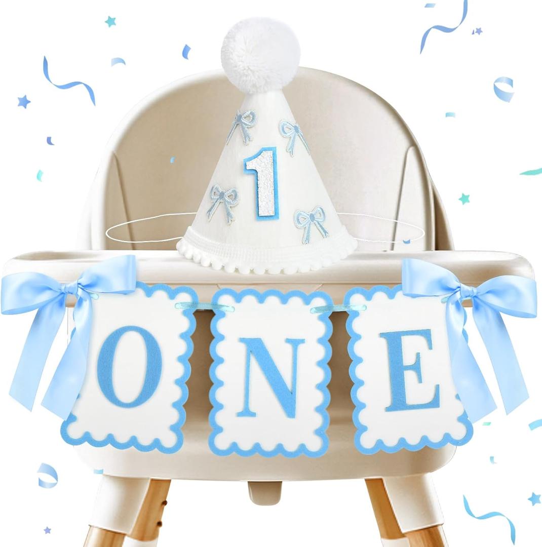Blue Bow ONE High Chair Banner and Hat for Boy-1st Birthday Decorations-High Chair Banner Set with One Year Old Hat-Boy First Birthday Decorations