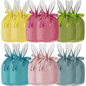 Rthjsfj 12Pcs Small Easter Bunny Drawstring Gift Bags, Reusable Rabbit Ear Velvet Bags for Candy Treat Goodies Jewelry, Holiday Party Favors Supplies (6 Color)