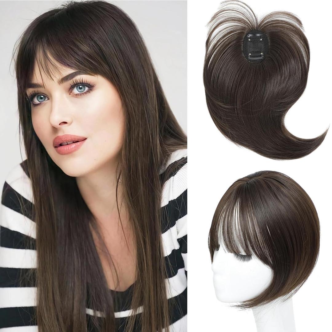 Chestnut Brown Hair Topper Clip in Bangs, 360 3D Cover, 10 Inch, 100% Human Hair, Straight, Lightweight, Comfortable, Bangs, WIG