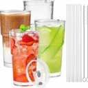 TUZAZO 20 Oz Glass Tumblers with Lids and Straws - 4 Pack Embossed Glass Iced Coffee Cup with Straw and Lid, Thicken Glasses, Ideal for Smoothieds, Cocktails, and Juices