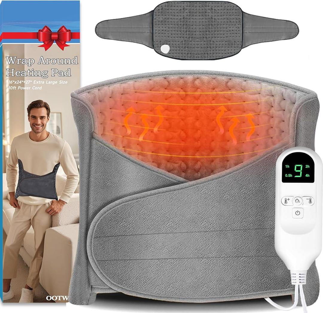 Extra Large Heating Pad for Period Cramps/Back Pain Relief,16 * 24" Heat Pad+27" Belt Wearable51" in Total 4 Timer(0.5H/1H/2H/4H) 9 Heat 10ft Long Cord Electric Wrap Around Heating Pad(Gray) (Grey)
