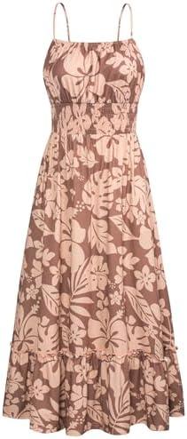 GRACE KARIN Summer Dresses for Women 2026 Vacation,Smocked Floral Maxi Dress,Boho Beach Sundress with Pocket Fashion Clothing